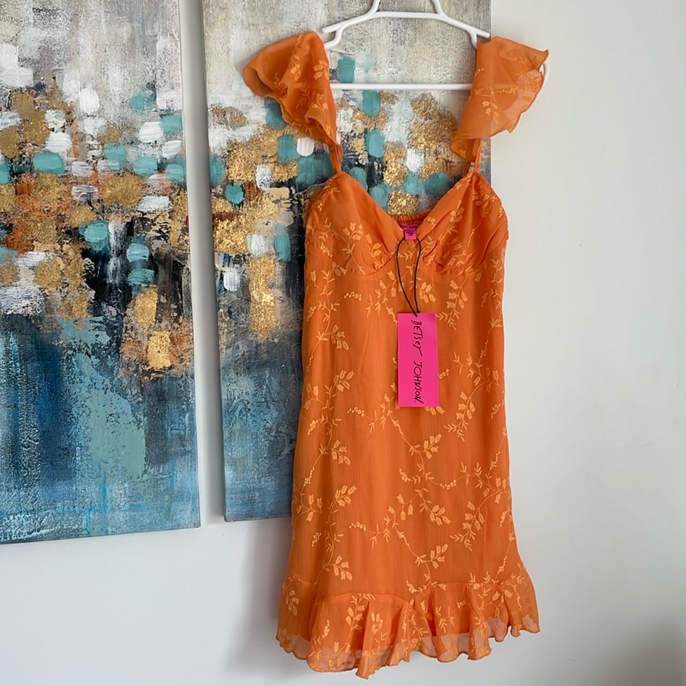 NWT Betsey Johnson Orange 🍊 mini shift dress flounce ruffle embroidered in XS